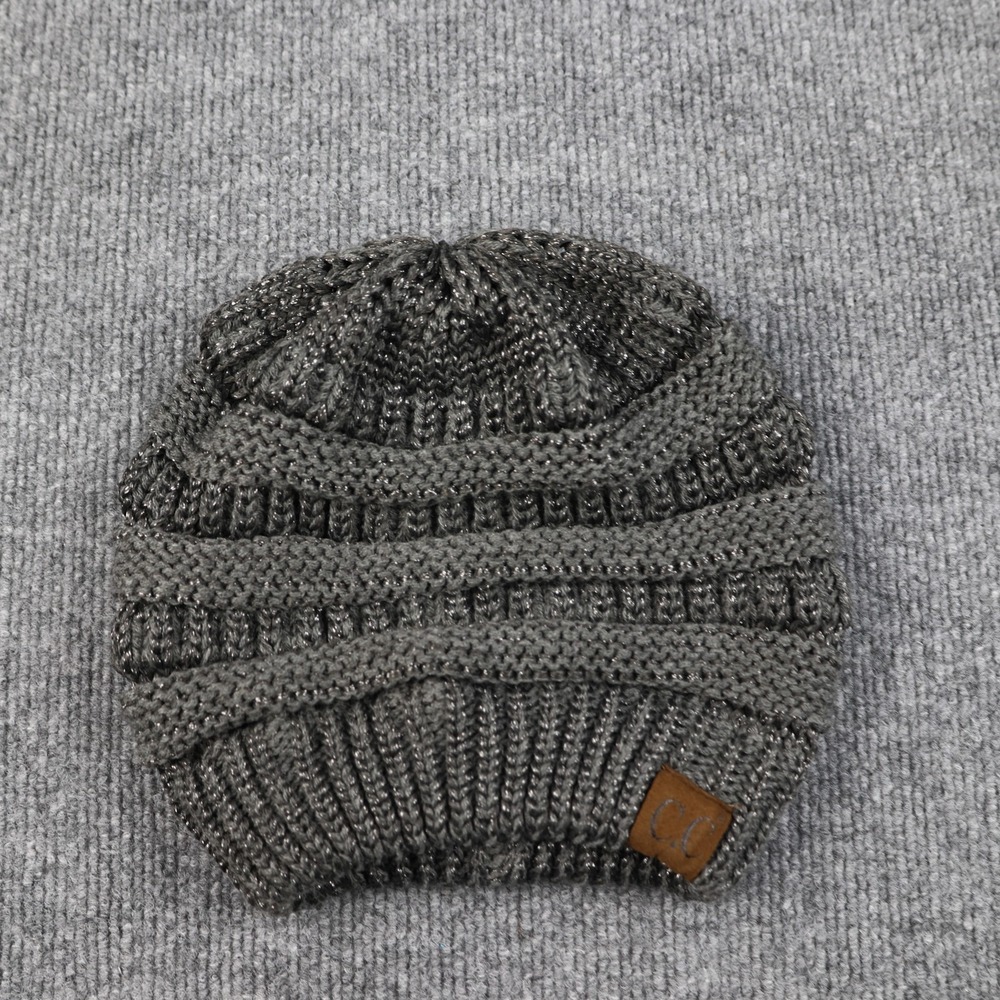 C.C Exclusives Hat Beanie Fitted Womens Gray Metallic Knit Ribbed Slouchy Winter